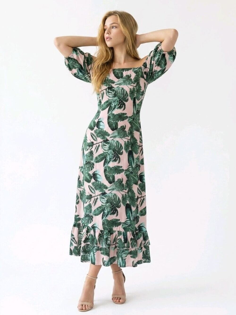 Boohoo Pink Maxi Dress with Green Tropical Leaf Print NWT